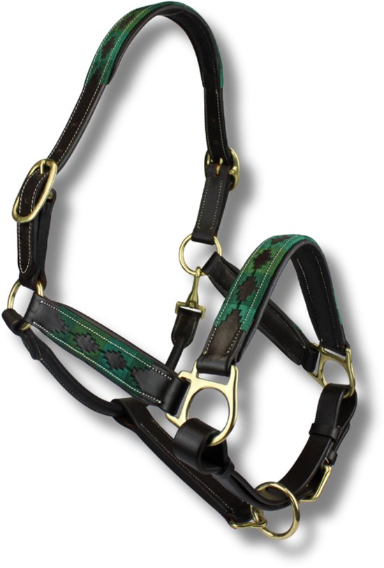 Leren Paarden halster – Polo Print Groen– Maat Full – Verstelbaar & Uniek Design – MTB Equestrian