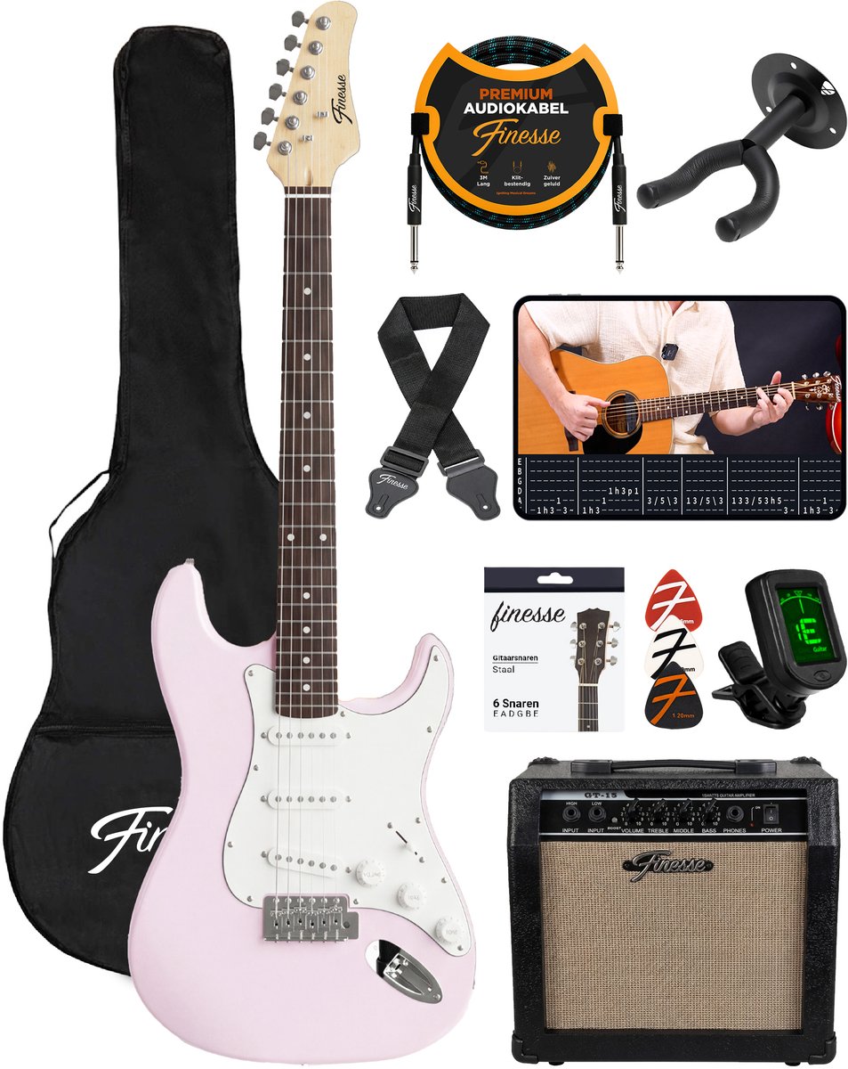 Finesse Elektrische Gitaar met Versterker - met Videocursus - Gitaar - Volwassenen - Kind - Roze