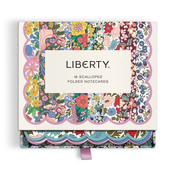 Box Liberty 16 gesegmenteerde notitiekaarten met bloemenprint en Liberty logo.