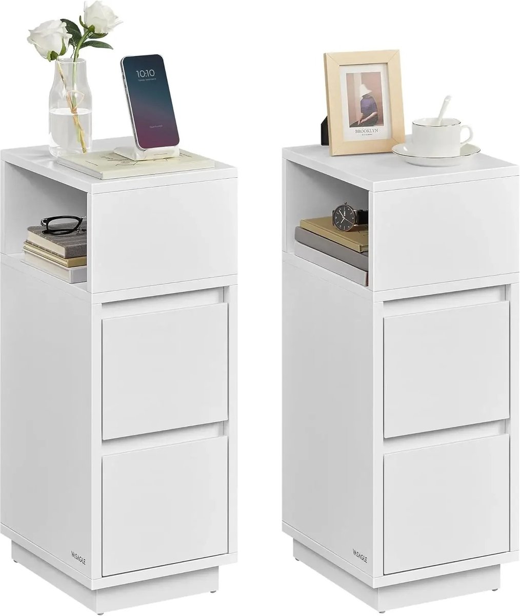 Archi Nachtkastje – Bijzettafels - Ladekast - Smal Design – Nachtkastje Met 2 Laden – Open Compartiment – Wit – 30 x 25 x 65 cm
