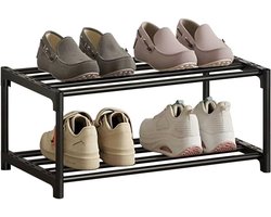 Dubbellaags schoenenrek met opbergruimte, roestwerende coating, compact, slank en smal, stapelbaar, ideaal voor studentenkamers, huurwoningen en balkons, zwart – een must-have!
