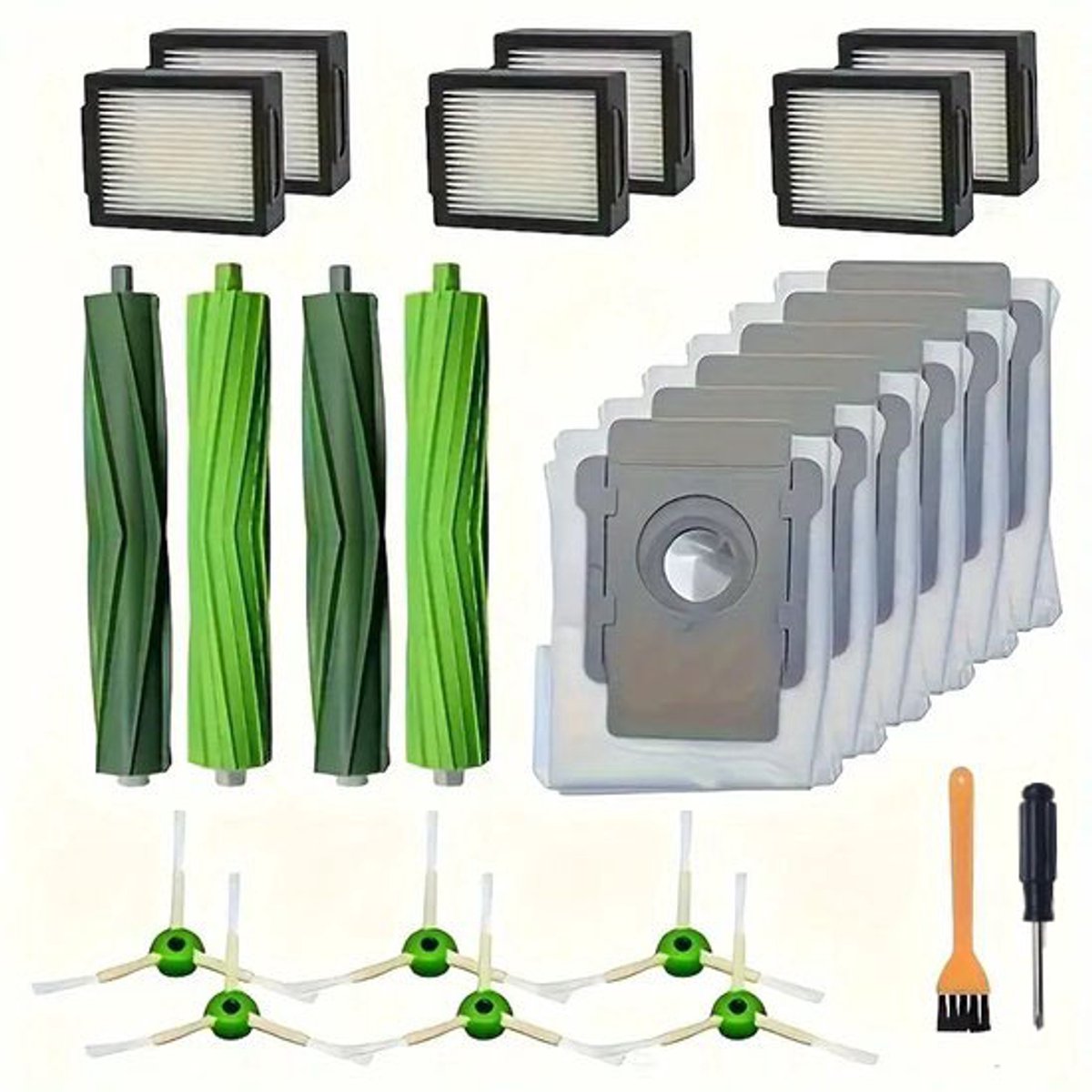 Accessoirekit - geschikt voor iRobot Roomba I7+/I3+/I5+/I6+/J7+/J8+/E5 E6 E7 - 2 rubberen borstels + 6 zijborstels + 6 filters + 6 stofzakken + 1 schroevendraaier + 1 kleine gele borstel - 22 stuks