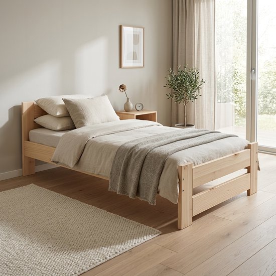 Houten Eenpersoonsbed 90x200 cm - Inclusief Lattenbodem - Massief Grenen - Naturel Onbehandeld