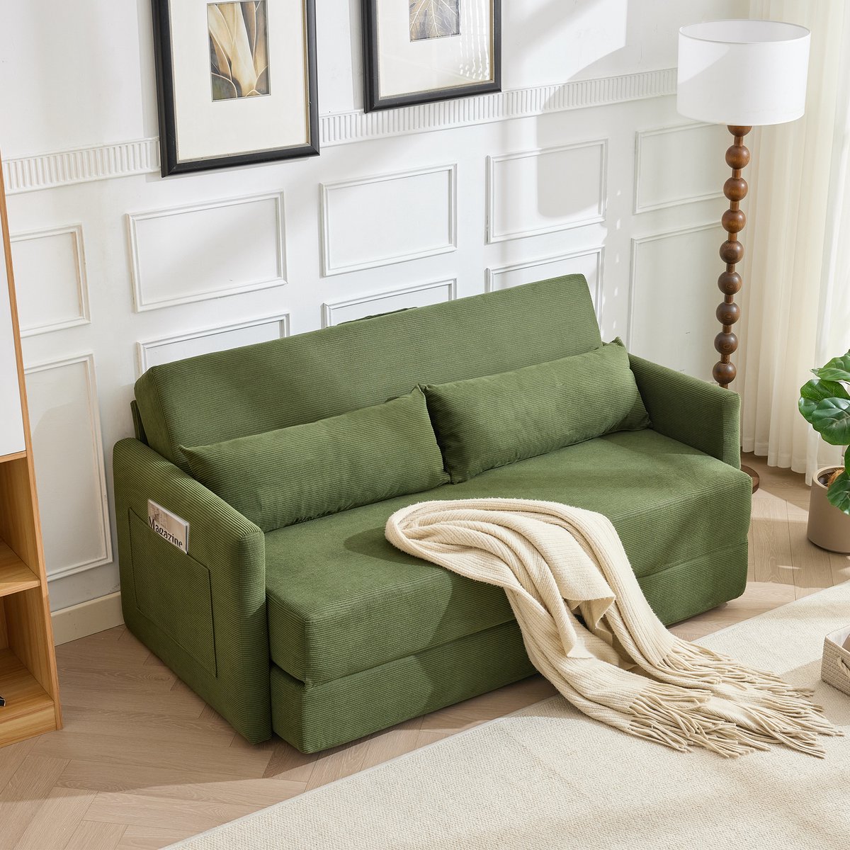 Wishdor - 2-Zits Vloerslaapbank - Opklapbaar 2-In-1 - Modern - Voor Kleine Ruimtes - Cordstof - Groen - 165 X 92 X 82 Cm