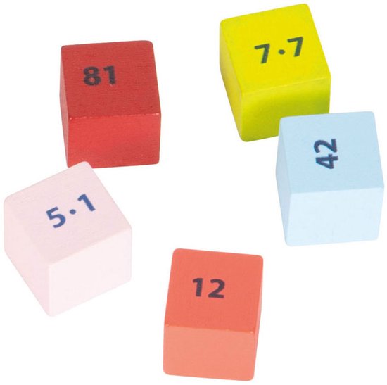 Vijf gekleurde blokjes met de getallen 81, 7.7, 42, 12 en 5.1.