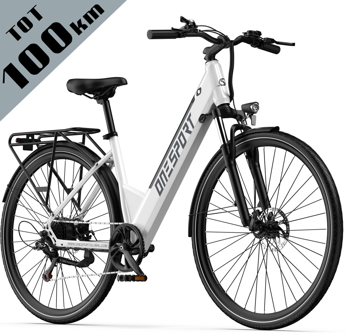 OneSport elektrische stadsfiets - 468Wh accu - achterwielmotor - tot 100 km actieradius - Shimano 7 versnellingen - hydraulische vering en schijfremmen - wit