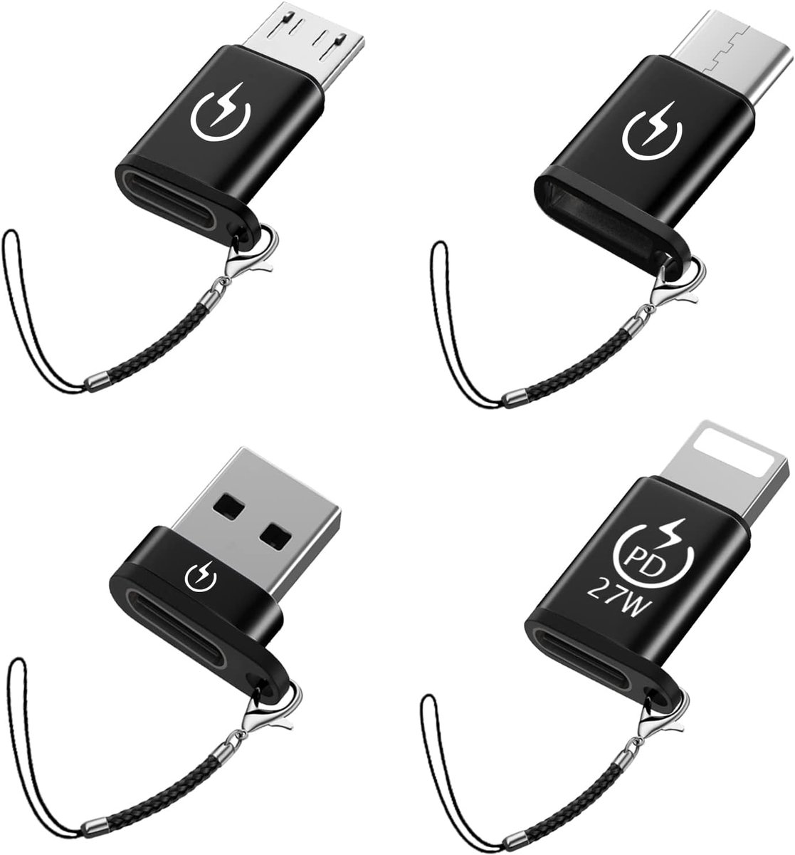 Set van 4 USB-C naar Lightning & Micro-USB naar Type-C Adapters - Compacte Sleutelhanger