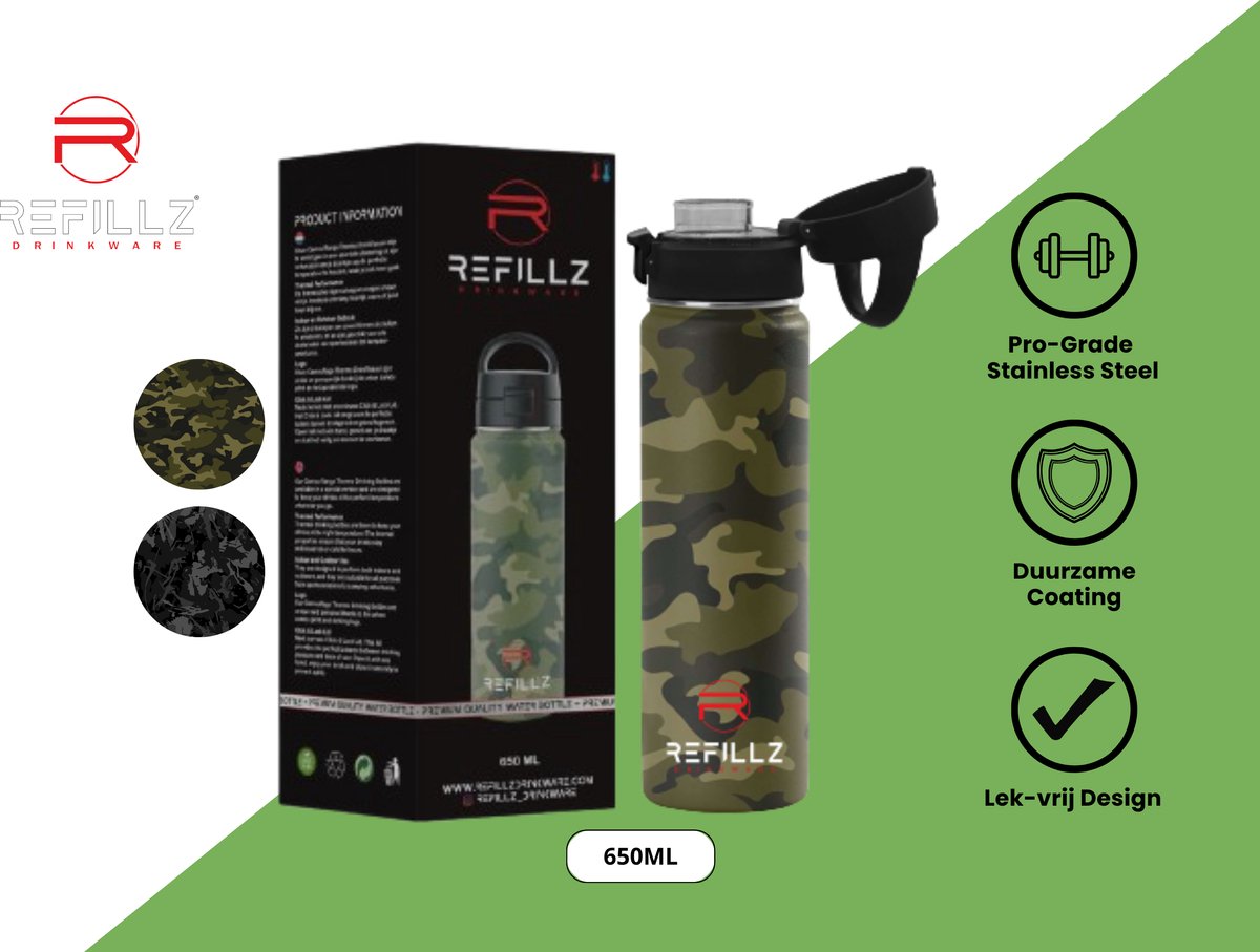 Refillz Drinkware® - (NEW) Camou Bottle Urban Green&Black - Dubbelwandige Thermo Drinkfles 650ML - Waterfles - RVS Bidon - Click & Lock Lid Pro - 24u koud / 12u warm - Lekvrij Design - BPA Vrij