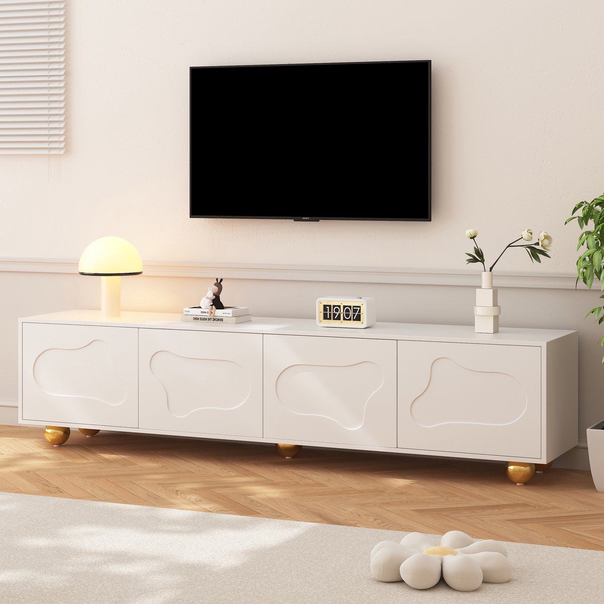 TV-Meubel - 180 x 40 x 45 cm - Lowboard met 2 Deuren en 5 Poten - Wolk Design - MDF - Wit