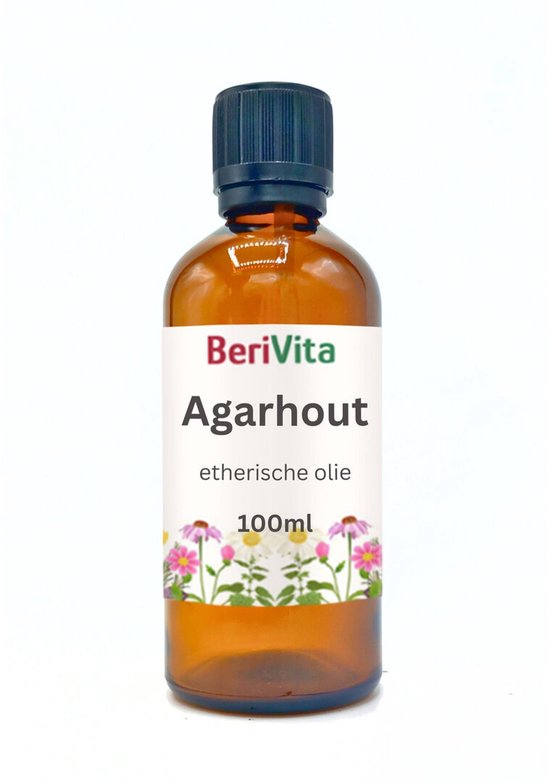 Bruine glazen fles BeriVita Agarhout etherische olie 100ml met bloemen-etiket.