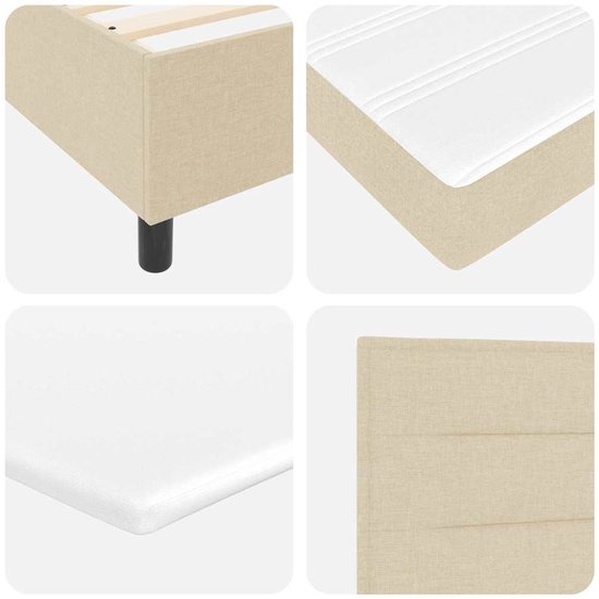 Vier close-up details van een crèmekleurig boxspringbed: poot, matras, stof en hoofdbord.