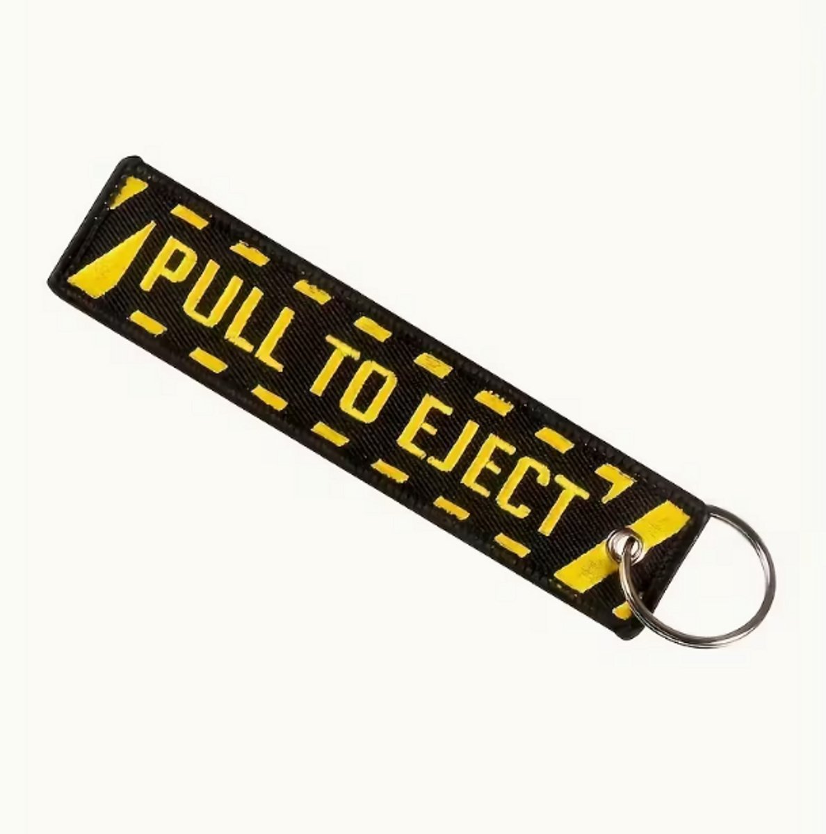 Pull To Eject Sleutelhanger – Zwart/Geel – Geborduurde Aviation Keychain – Sleutelring voor Auto & Motor