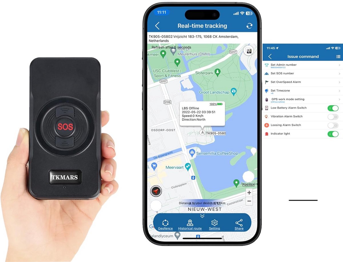 GPS Tracker Auto Zonder Abonnement met 2-Weg Bellen, SOS en Temperatuursensor