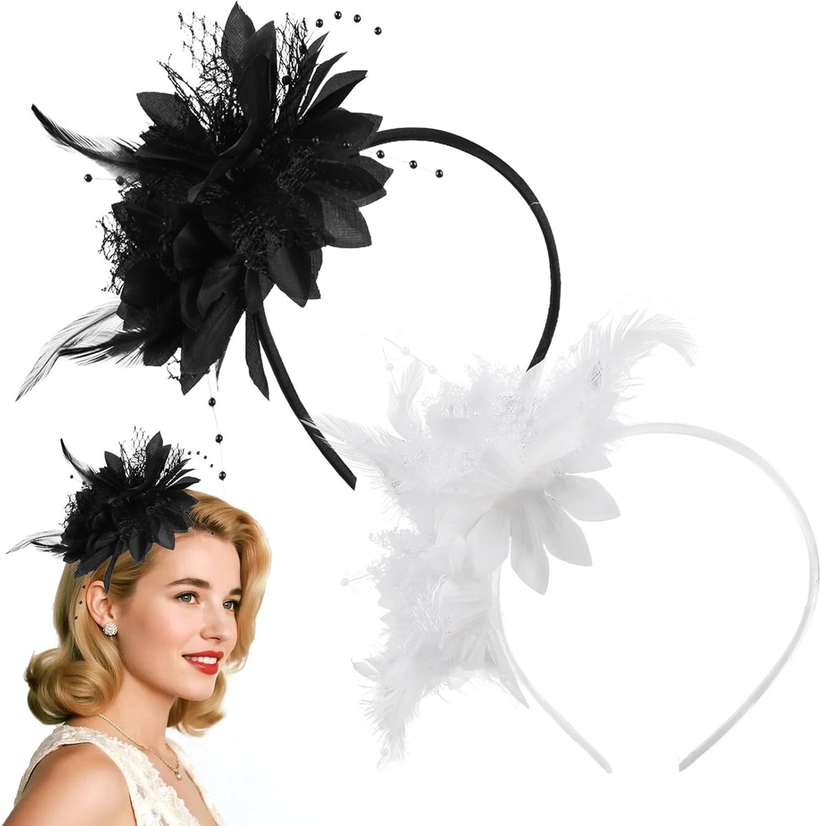 Set van 2 Elegante Hoofdtooi Fascinator Zwart en Wit voor Dames Vintage Stijl
