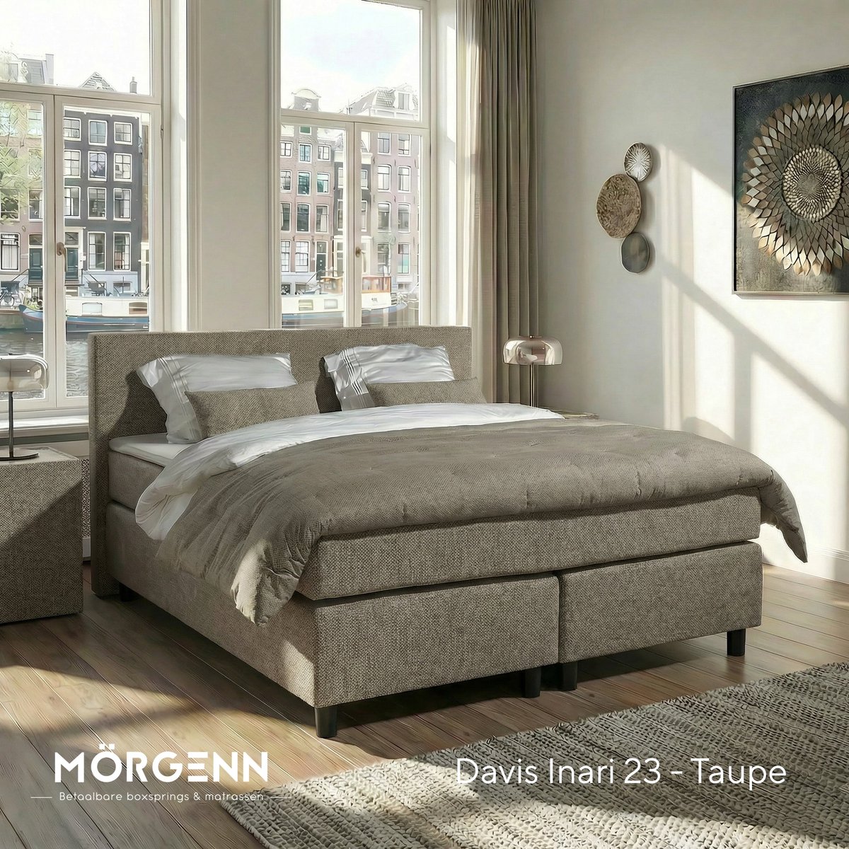 Mörgenn Boxspring Amsterdam - Pocketvering - Taupe - 120x210 cm - Inclusief Dekbed en Kussens