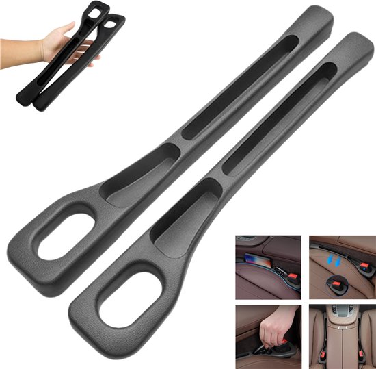 Twee donkergrijze organizers, waaronder een hand die ze vasthoudt, met vier detailafbeeldingen van de installatie en toepassing in een auto.