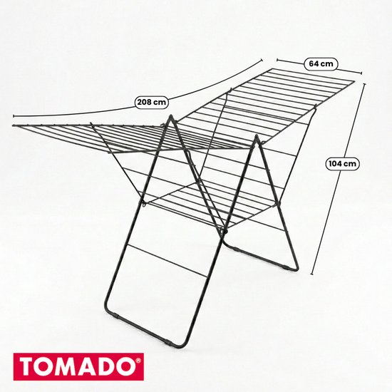 Porte-linge Tomado noir avec dimensions 208cm x 64cm x 104cm.