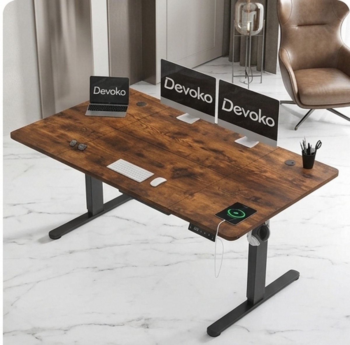 ProLift Elektrisch Zit-Sta Bureau 160x80 cm – In Hoogte Verstelbaar Bureau met Type-C Oplaadpoort – Staand Bureau met Geheugenfunctie, Kabelmanagement & Wieltjes – Vintage Bruin A-Furniture
