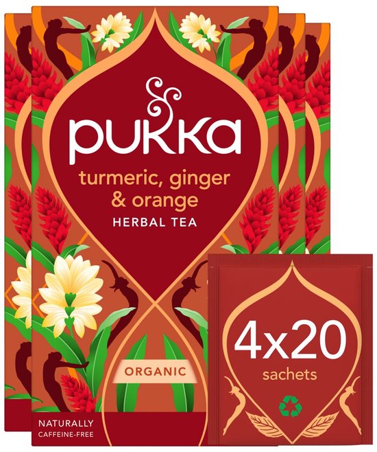 Pukka Tea Turmeric, Ginger & Orange - 80 Theezakjes - Biologische Kruidenthee - Kurkuma & Gember - 4 x 20 zakjes - Thee Voordeelverpakking