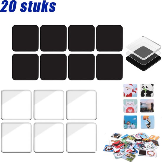 Een set voor het maken van magneten: 20 zwarte en witte vierkanten, acryl blanks, dubbelzijdig plakband, magneten en diverse bedrukte vierkanten met afbeeldingen.