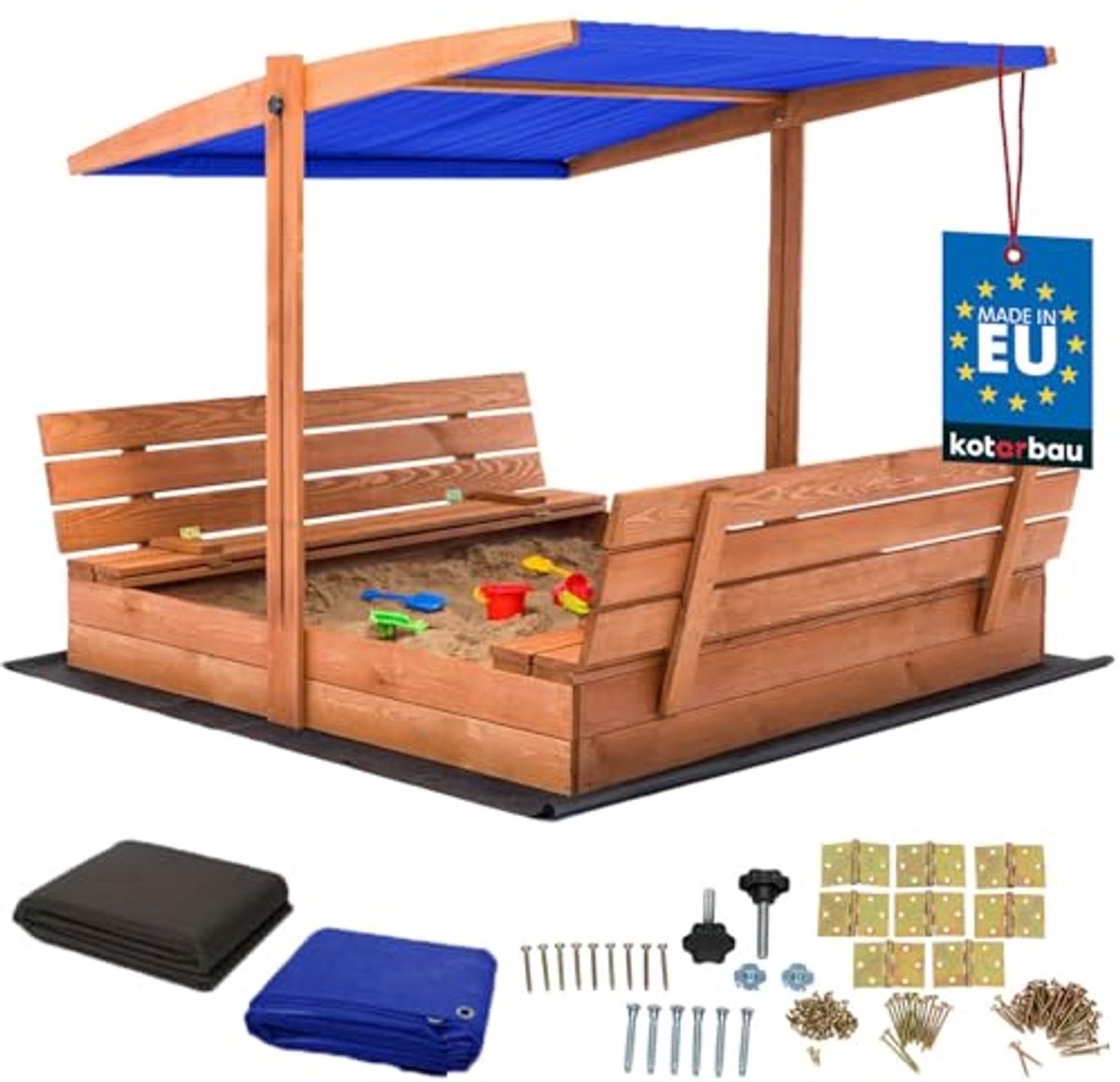 KOTARBAU® Houten Zandbak, 140 x 140 cm, Bruin, Zandbak met Bankjes, met Blauw Dak, en Grondzeil, voor Tuin, Buitenspeelgoed