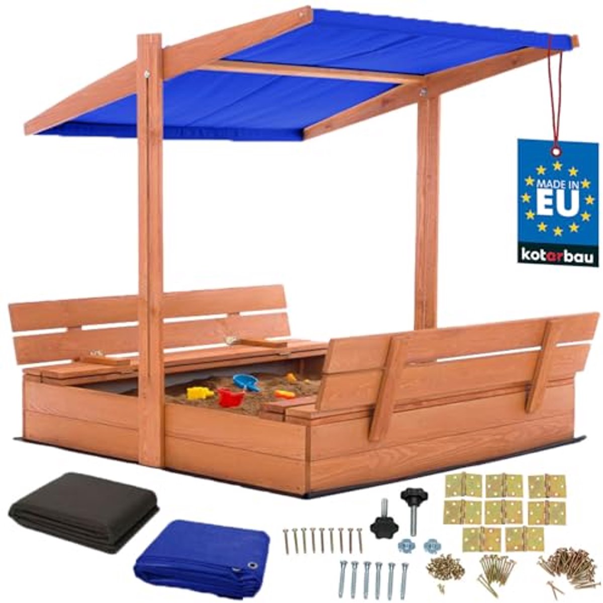 KOTARBAU® Houten Zandbak, 120 x 120 cm, Bruin, Zandbak met Bankjes, met Blauw Dak, en Grondzeil, voor Tuin, Buitenspeelgoed