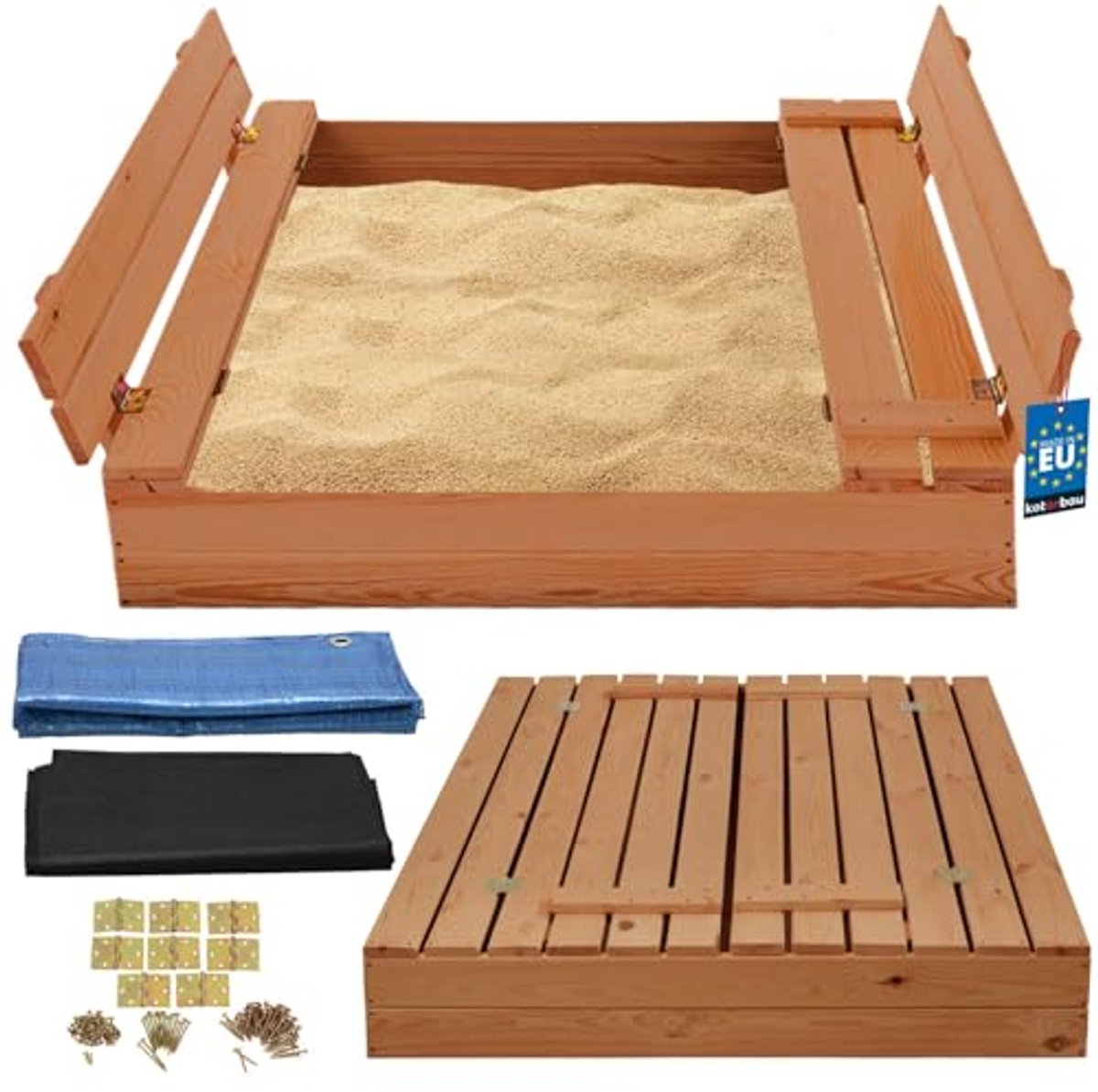 KOTARBAU® Houten Zandbak - 100 x 100 cm - Bruin - Zandbak met Deksel - en Bankjes - Met Grondzeil - Geïmpregneerd - Buitenspeelgoed