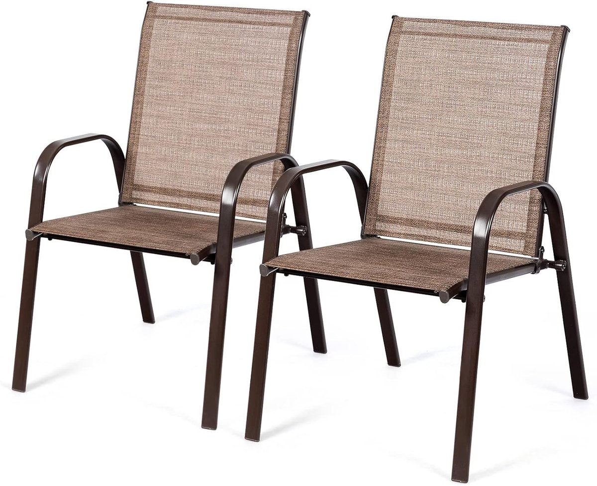 KOMFOTTEU Set van 2 tuinstoelen, balkonstoelen met armleuningen en hoge rugleuning, terrasstoelen met metalen frame, eetstoelen voor patio, terras