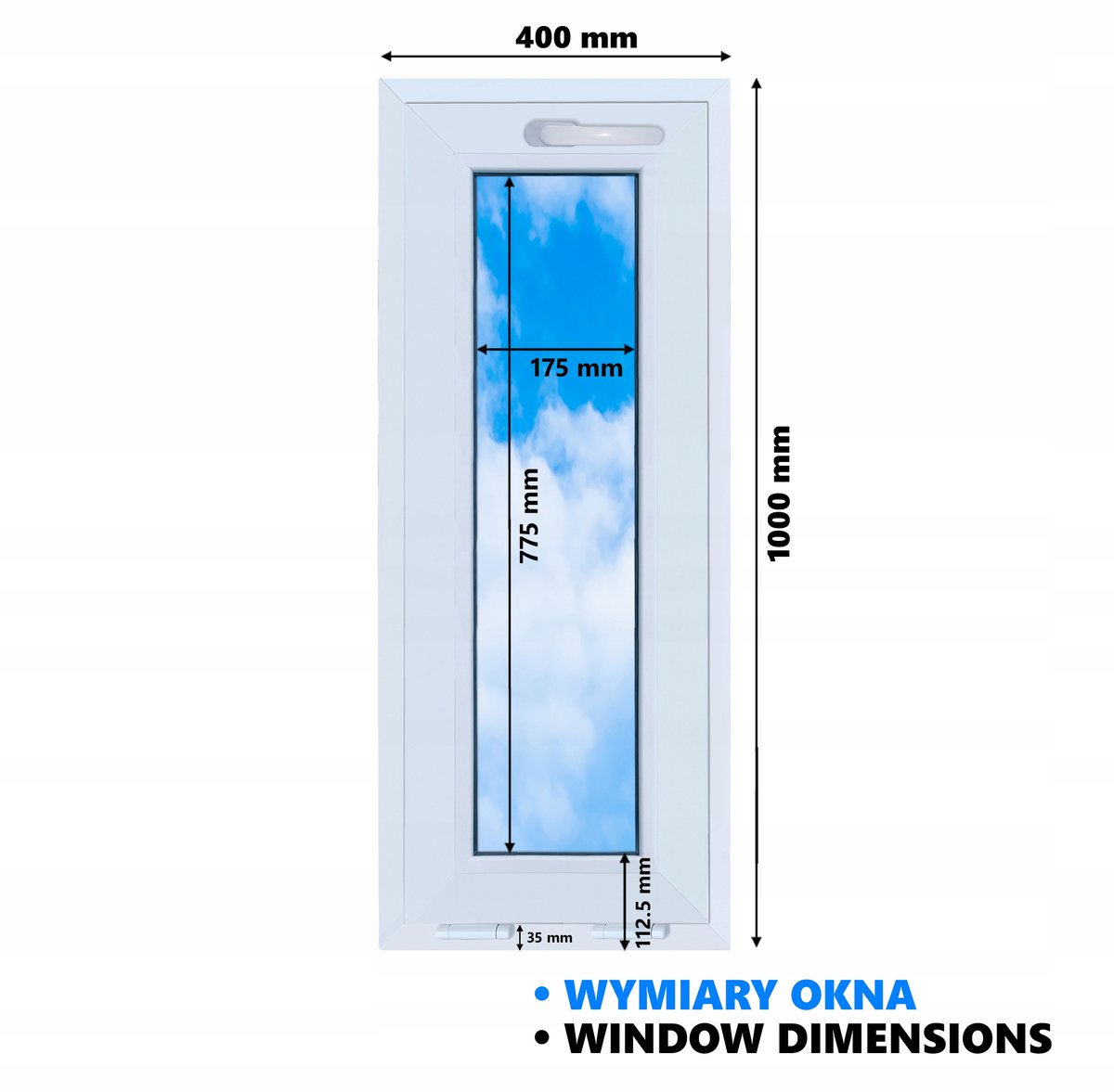 Wit PVC-raam, kantelbaar, 40x100, nieuw, 400x1000, dubbel glas, kantelbaar