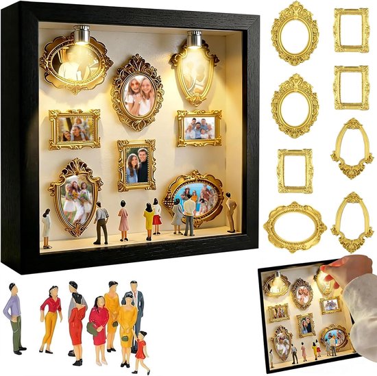 Cadre photo - Collage de cadre photo - Boîte de silhouette mini musée - Mini cadres photo avec éclairage - Cadre photo collage - Bois - Avec 8 mini cadres dorés et 8 figurines - Mini cadres dorés et figurines - Décoration d'intérieur