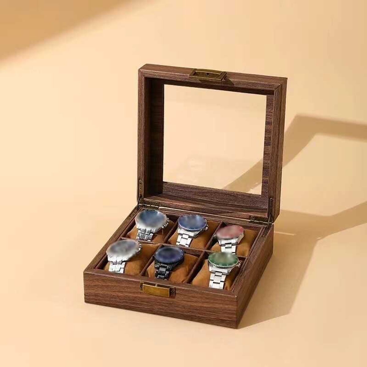 Horlogedoos voor heren, 6 vakken, gevoerd, voor het opbergen van horloges.