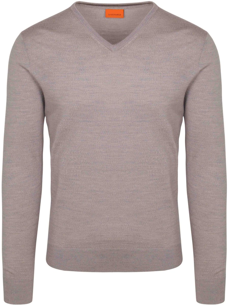 Suitable Merino Pullover V-Hals Greige - Maat XXL - Heren