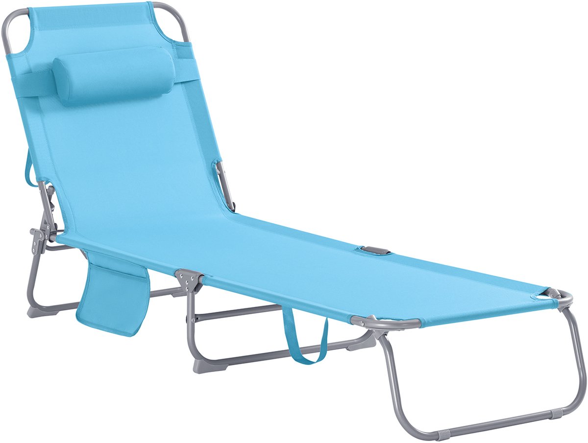 SoBuy Opvouwbare Ligstoel, Verstelbare Tuinligstoel met Hoofdsteun en Opbergzak, Ergonomische Relaxstoel voor Buiten,Tuin, Balkon en Terras, Blauw, OGS35-B