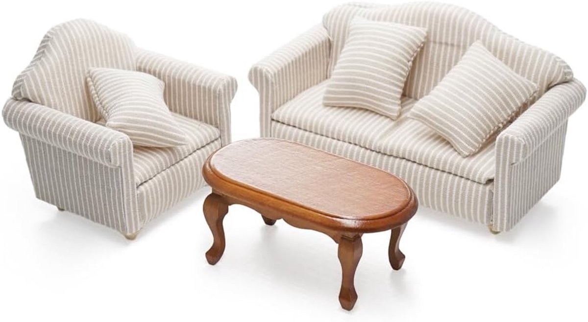 Miniatuur Houten Woonkamerset: Koffietafel, Fauteuil en Bank voor Poppenhuis Schaal 1:12