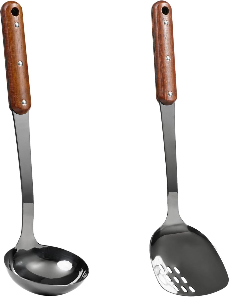 Wok Spatel en Woktroffel Set van Roestvrij Staal met Hittebestendig Houten Handvat