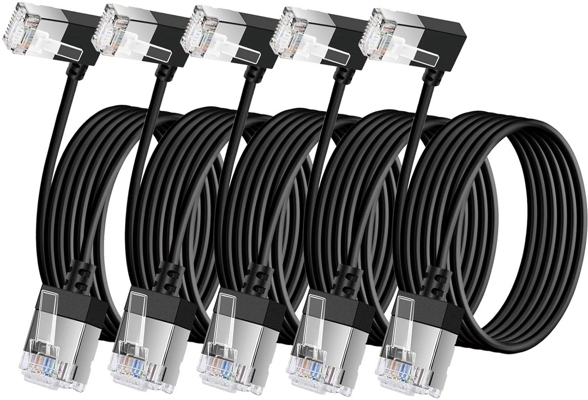 Ultra Dunne Rechte Hoek Cat 6A Netwerkkabel 10 Meter Set van 5