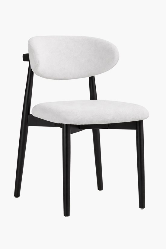 Stoel met zwart houten frame en witte stoffen zitting en rugleuning, gebogen rugleuning.