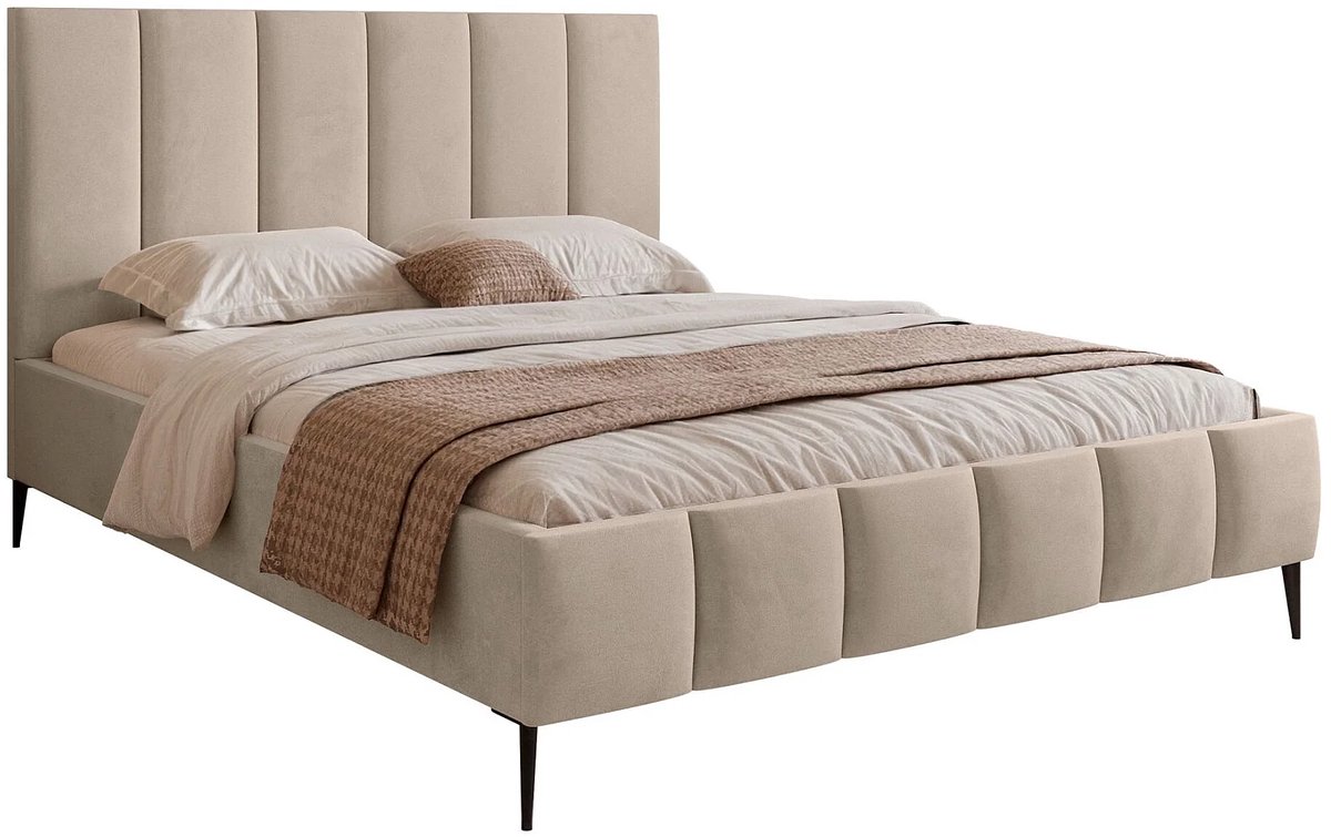 Gestoffeerd Opbergbed 180x200 cm Fluweel Beige met Verticaal Hoofdbord en Lattenbodem – Luxe Tweepersoonsbed met Opbergruimte en Metalen Frame – Sarafino Velvet Bedframe 210x187x125 cm – Abkantoor