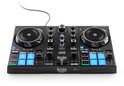 Zwarte Hercules DJ-controller met twee draaitafels en veel kleurrijk verlichte knoppen.