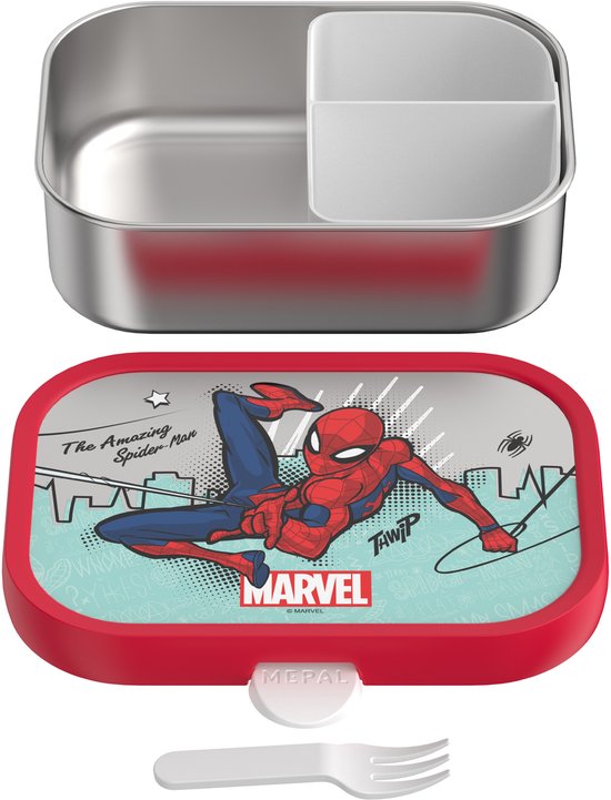 Open roestvrijstalen broodtrommel met Spiderman op de deksel en een wit vorkje. Mepal logo.