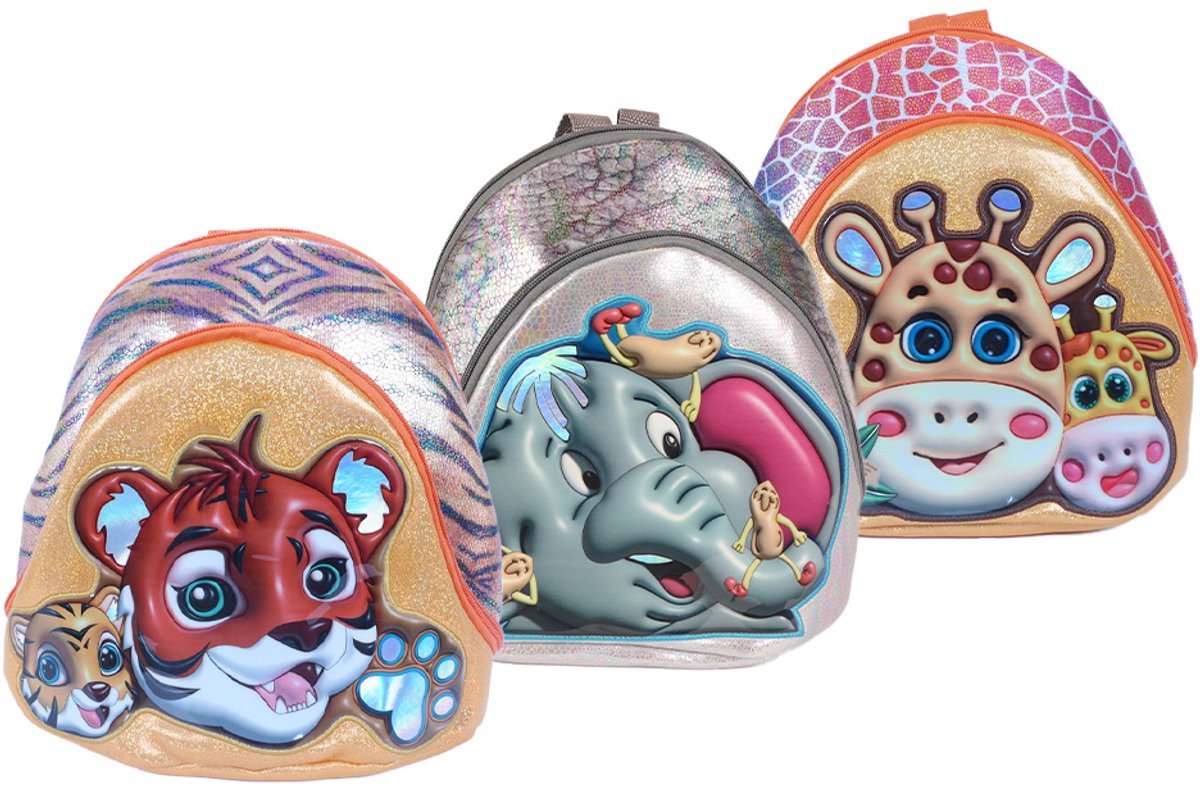 PIA Soft Toys-Set van 3 - 3D rugzakken wilde dieren 3 ass. 30 cm x 24 cm x 8 cm