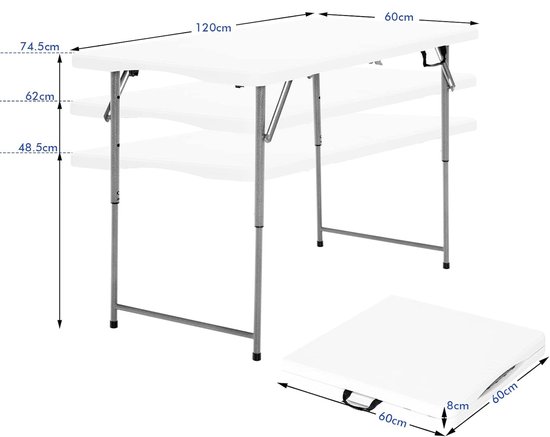 KOMFOTTEU Klaptafel, in hoogte verstelbaar, inklapbare en draagbare campingtafel met draaggreep, ruimtebesparende picknicktafel van HDPE, frame van ijzer, 120 x 60 x 74,5 cm, wit van komfotteu — afbeelding 2