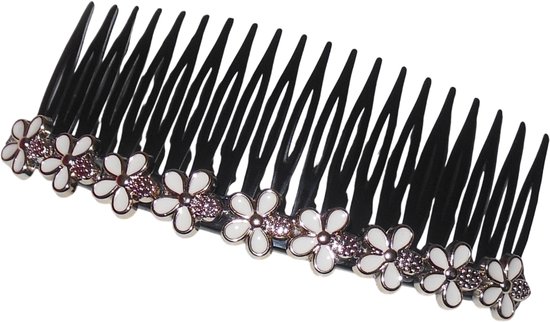 Zwarte haarkam met zilverkleurige rand versierd met witte bloemetjes en strass steentjes.