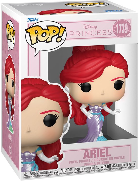 Ariel Funko Pop! in doos, paarse jurk met blauwe en groene zoom. Rode haren, witte handschoenen.