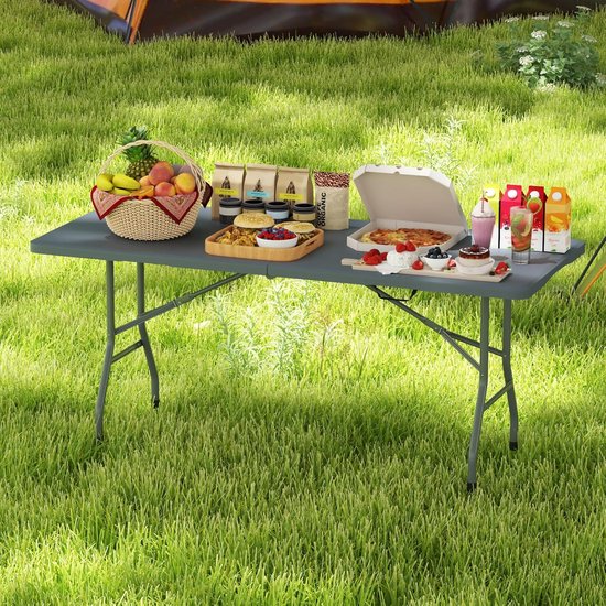 KOMFOTTEU Campingtafel, inklapbaar, HDPE-materiaal, tuinmeubelen, metalen frame, klaptafel, draagvermogen 160 kg, voor picknick, barbecue, feest, 180 x 74 x 75 cm (grijs) — afbeelding 3