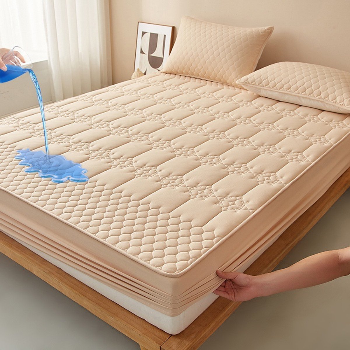 Matrashoes + 2 kussenslopen, TPU-laag voor waterdicht en ademend gebruik, geschikt voor matrassen tot 28 cm dik,Ruitvormig kaki,180*200cm+kussensloop 48*74cm