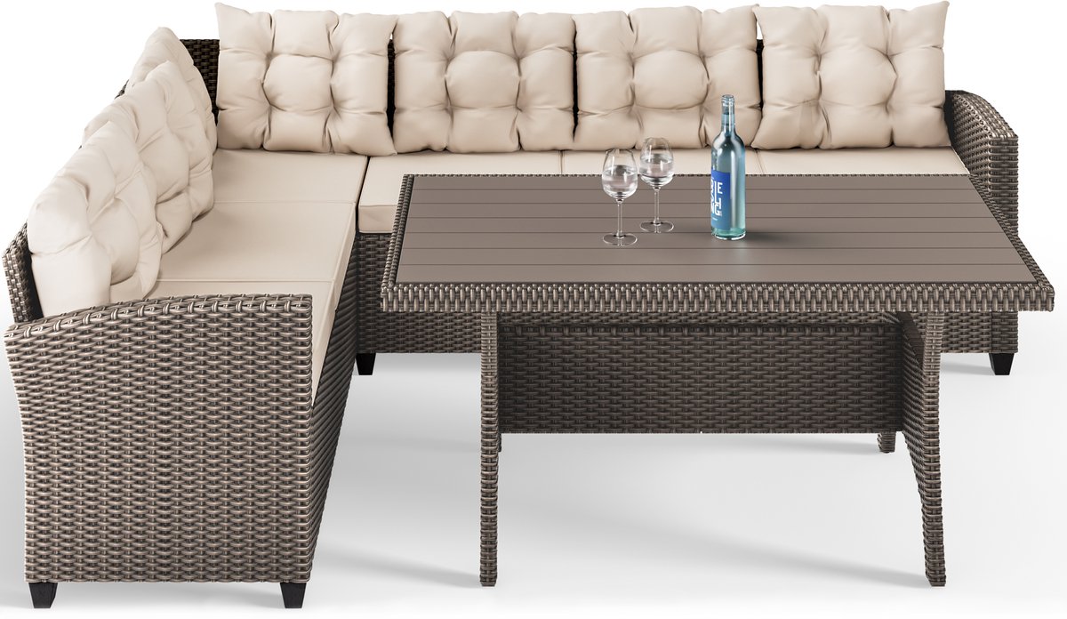 Tuinset Lissabon Polyrotan – Hoek Lounge set incl. kussens – Beige Grijs
