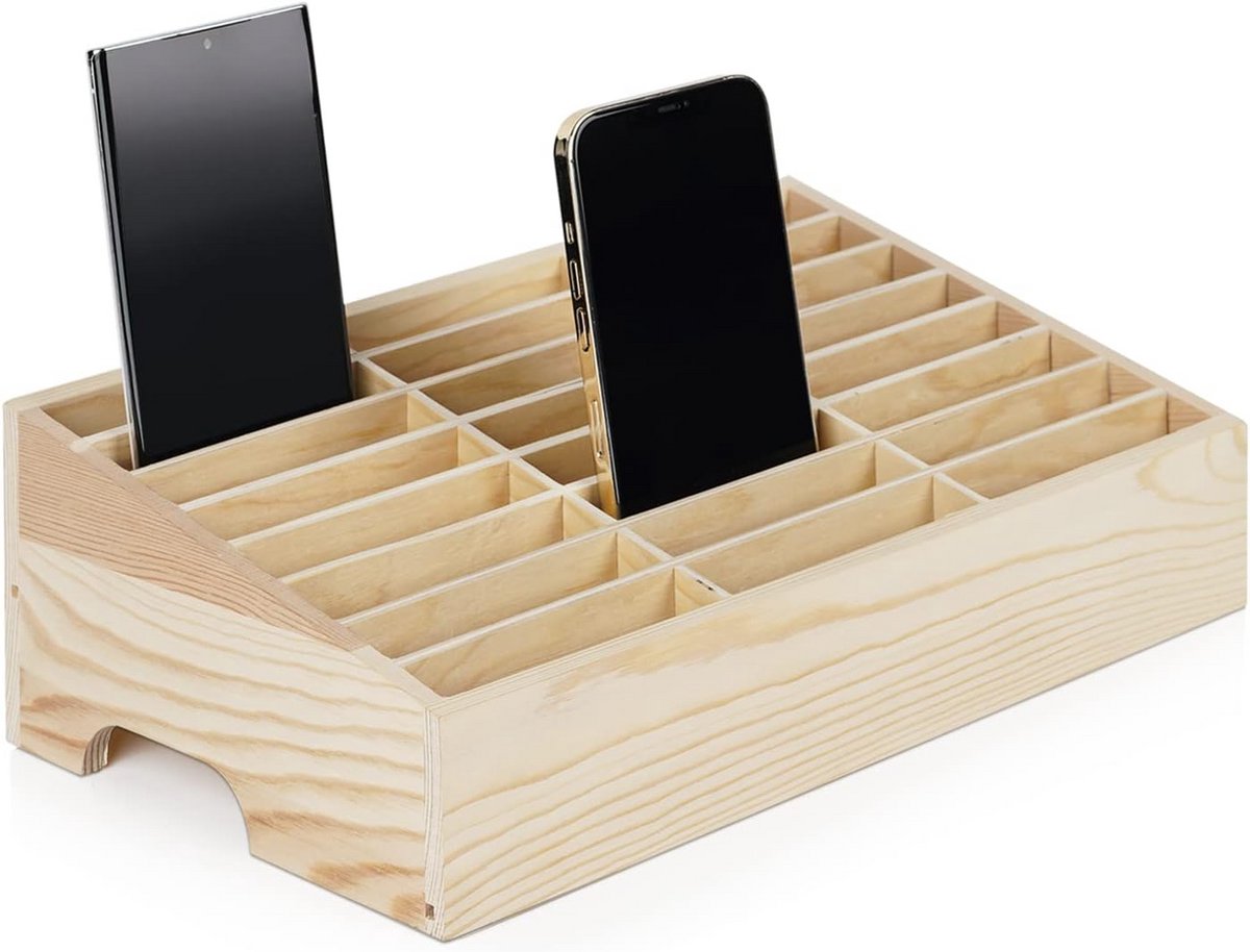 Houten Opbergdoos voor 24 Mobiele Telefoons - Desktop Telefoon Houder Organizer