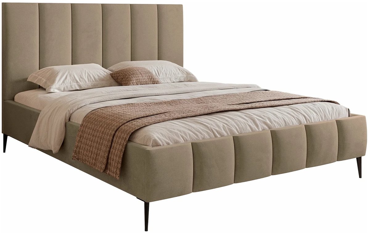 Tweepersoonsbed 180x200 cm met Opbergruimte en Verticale Stiknaden – Luxe Fluwelen Slaapbed Taupe – Inclusief Bedbodem – Abkantoor