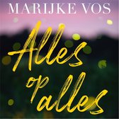 Boekcover 'Alles op alles' van Marijke Vos, met gele letters op een paarse achtergrond met lichtjes.
